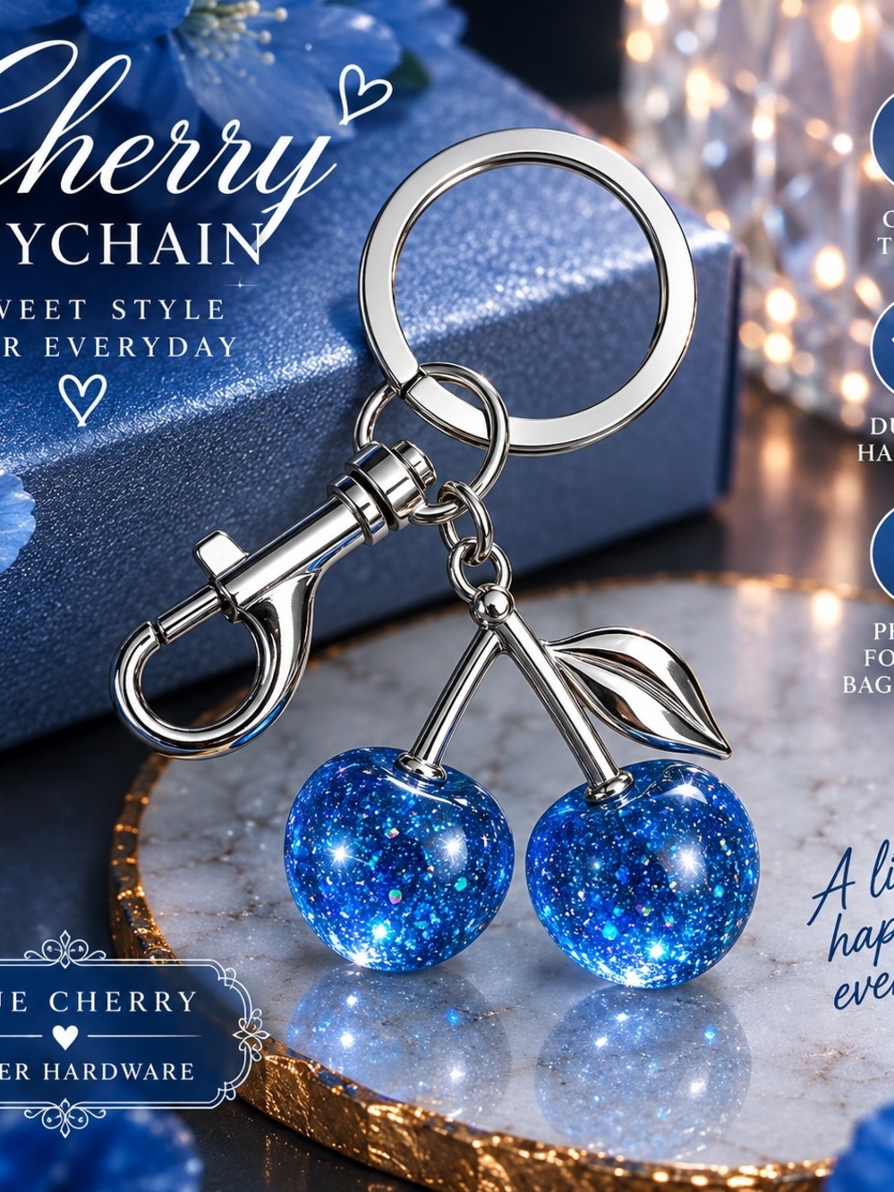 Blue Cherry Keychain Pendant - Women's Jewelry Blue & Silver!!
